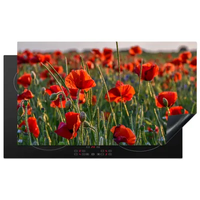 Obrázok produktu pre KitchenYeah® Kryt varnej dosky maky - červené - zelené - kvety, 91x52cm, kuchynská dekorácia, keramický kryt varnej dosky, krycia doska na varnú dosku