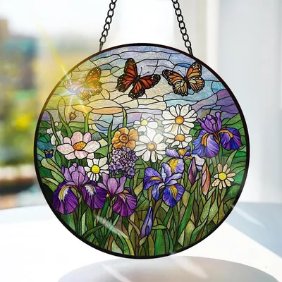 Produktbild von Fensterdekoration 20x20 cm, Buntglas, Blume und Schmetterling, für Fenster