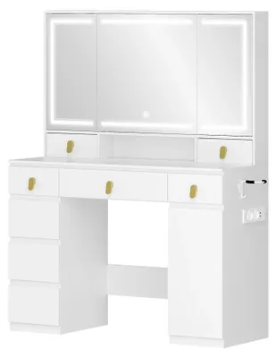 Productafbeelding van Make-uptafel - Kaptafel - Spiegel - LED-verlichting - Dimbaar - Stroomstrip - Haardrogerhouder - 3 lades, wit