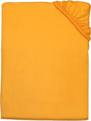 A flat lay of a yellow fitted sheet with elasticated corners.