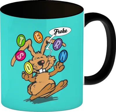 Produktbild von Frohe Ostern! Osterhase jongliert mit Ostereiern Kaffeebecher in türkis mit