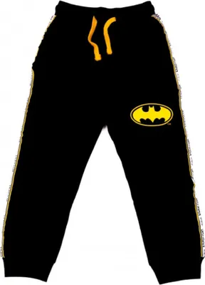 Produktbild von Freizeithose für Kinder mit gelben Batman-Logo und Schriftzug an den Beinen, 128
