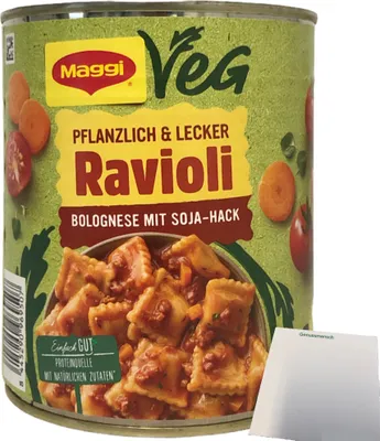 Produktbild von Maggi Ravioli Bolognese mit Soja-Hack vegan (800g Dose) + usy Block