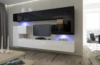 Produktbild von Furnitech Wohnwand Wohnzimmer - Wohnzimmer Möbel mit LED RGB - 16 Farben - Hängend Wohnwand Modern - Wohnzimmer Schrankwand mit Regale und TV Schrank (Albania AN3-17BW-HG22 1B)