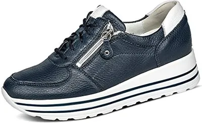 A single navy blue sneaker with a white sole and white accents is shown against a white background.