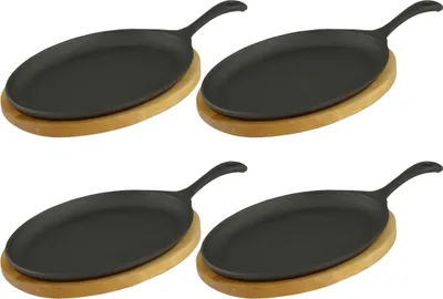 Produktbild von 8x Servierpfanne mit Holzuntersetzer oval 24 x17 x 2cm Gusseisen