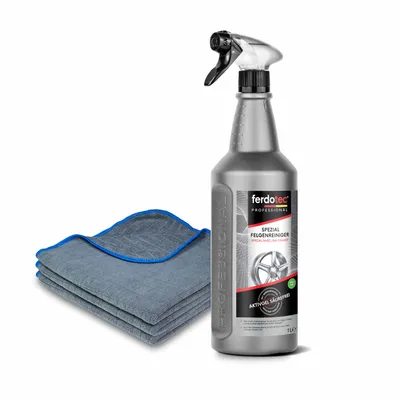 Produktbild von ferdotec säurefreier Felgenreiniger mit Farbindikator 1.000 ml + 3 x Microfasertücher 380GSM 40 x 40 cm blauer Rand