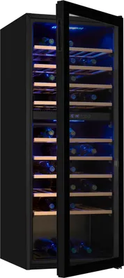 A black wine refrigerator with the door open, revealing shelves stocked with wine bottles and illuminated by blue interior lighting.
