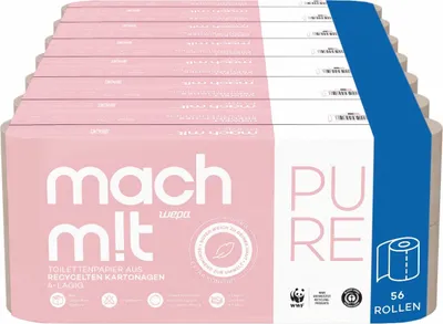 Produktbild von mach m!t PURE Toilettenpapier 4-lagig - Vorrats-Spar-Packung mit 56 Rollen - extra weich - ohne Bleichmittel - aus recyceltem Karton