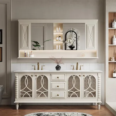 Produktbild von Badmöbel-Set mit Sinterstein Waschbecken und Spiegelschrank, Badezimmer Set, Waschtisch mit Unterschrank, Waschtischkombination Weiß 130cm /JGBAI/