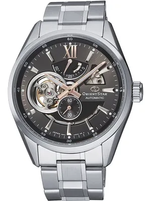 A close-up studio shot of an Orient Star automatic watch with a skeleton dial.