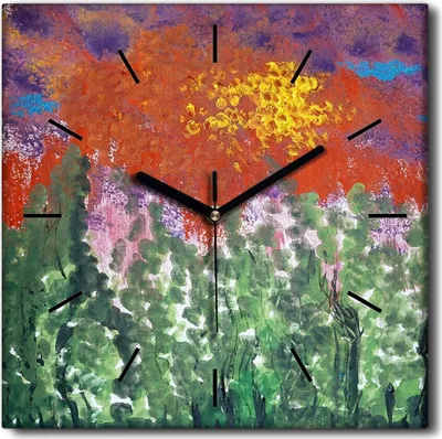 Produktbild von Coloray Uhr auf Leinwand 30x30 cm Wand Uhr Dekoration Wohnzimmer Segeltuch schwarze Hände -Landschaft der Wiese der Sonne