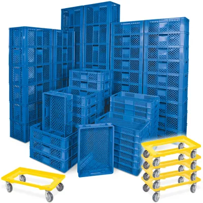 Produktbild von 78 Stück Stapelkörbe/Bäckerkästen in 5 Größen, Grundmaß LxB 600 x 400 mm, H 90 mm, 150 mm, 240 mm, 320 mm, 410 mm, Farbe blau + 5x Transportroller, gelb