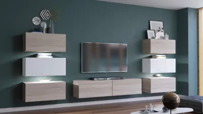 Immagine prodotto di Furnitech Parete attrezzata soggiorno - Mobili da salotto con LED RGB - 16 colori - Parete attrezzata moderna - Scaffali e mobile TV (Henri AN72-19SW-HGM-11-1C - 362cm)