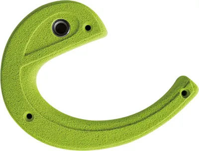 Grüner Klettergriff "Big e" von Edelrid; gebogene Form mit Befestigungslöchern.