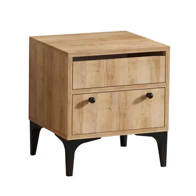 A wooden nightstand with two drawers and black legs, shown against a white background.