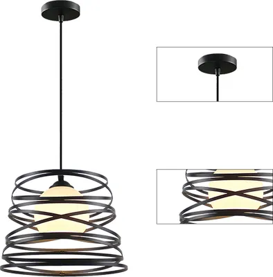 A black metal pendant light with a spiral design and a white glass shade, shown against a white background. Inset images show details of the ceiling mount and the light fixture.