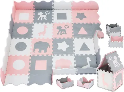 Produktbild von XXL Krabbelmatte Puzzelmatte mit Rand Spielmatte für Babys und Kleinkinder 150 x 150 x 1 cm + Wasserdicht - Rosa/Grau/Weiß