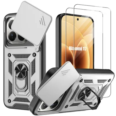Image de Coque + 2 Verres Trempés pour Xiaomi 17, Antichoc avec Anneau et Protection Caméra - Argenté