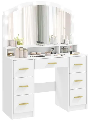 Produktbild von Schminktisch mit 10 LED-Hollywood-Lampen, Spiegel, 7 Schubladen, 3 Fächer, MDF, Weiß