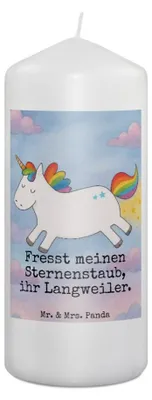 Produktbild von Mr. & Mrs. Panda Kerze Einhorn Happy Design 19 x 8 cm - Weiß - Geschenk, Lebensfreude, Blockkerze, Lächeln, Lachen, Unicorn, Erinnerungslicht, Bedruckte, Einhörner