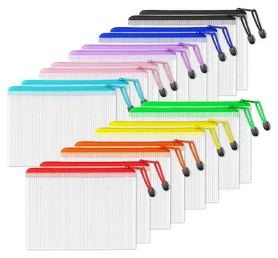 Produktbild von Dokumententaschen A5, 18 Stück, Wasserdicht, Mesh, Reißverschluss, 9 Farben