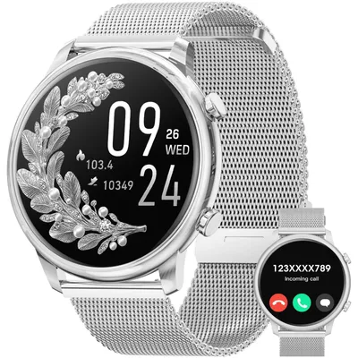 Obrázok produktu pre Inteligentné hodinky s dotykovým displejom pre dámy a pánov, s Bluetooth pre prijímanie hovorov, s viac ako 140 športovými režimami, monitorom pulzu a spánku, náramkové hodinky kompatibilné s Android, striebornej farby