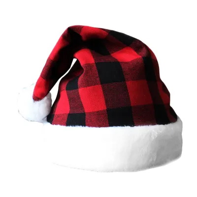 Produktbild von Weihnachtshut Plaid Druck weicher Erhöhung Festliche Atmosphäre spitz leichtes Kontrast Farbe Plüsch Ball Halten Sie warmen Weihnachtshut für Weihnachtsfeier-rot schwarz