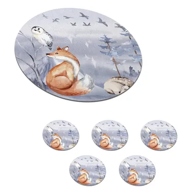 Obrázok produktu pre KitchenYeah® Podložky pod sklo Okrúhla sada 6 ks Líška - Zima - Maľba 10x10 cm Podložky pod poháre - Podložky pod nápoje - Chrániče na stôl - Podložky pod poháre Stolové barové sklo