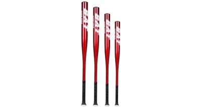 Four baseball bats of varying sizes are lined up against a white background.