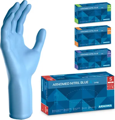 Produktbild von ARNOMED Nitril Handschuhe Blau, extra lang und robust, Größe S | Box (100 Stück)
