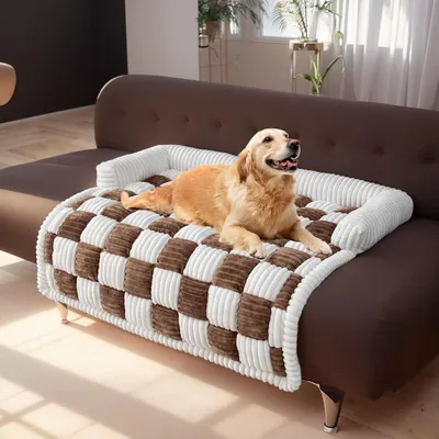 Image de （90*90cm, brun foncé）Lit pour animaux de compagnie à damier en peluche pour chiens et chats - coussin carré moelleux, matelas confortable pour animaux de compagnie pour le repos et la détente