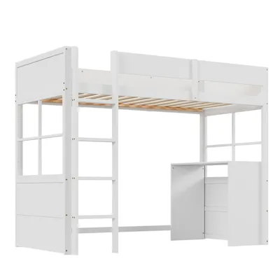 Produktbild von Hochbett,Kinderbett(Weiß)Einzelbett,Sicherheitstreppe,mit Tisch, hohes Zaundesign