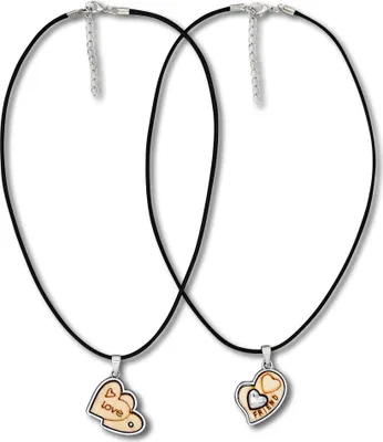Produktbild von Steuer Modeschmuck Anhänger mit Kette Partner Set Herz Metall Holz Kunstleder schwarz