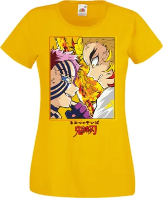 Zdjęcie produktu dla Koszulka Damska Manga Anime Demon Anime Slayer Rengoku Vs Akaza Fight Slayer Demon, Lady 2XL / Żółty