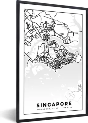 Produktbild von MuchoWow® Gerahmtes Poster Singapur - Karte - Stadtplan - Schwarz und weiß 60x90 cm - Poster mit Schwarzem Bilderrahmen Wandposter Rahmen Foto Bilder - Kunst