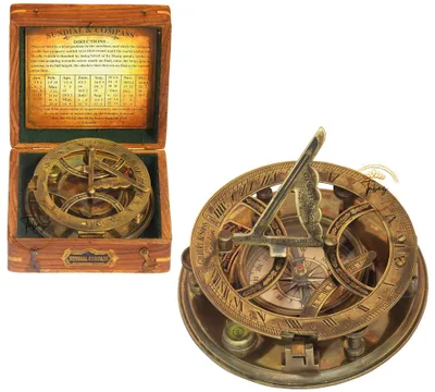 Steampunk-Sonnenuhr-Kompass 12,7 cm Messing mit Holzkiste