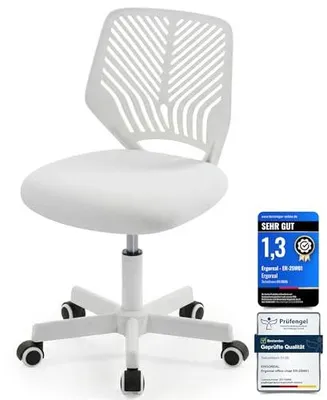 Image de Chaise de bureau ergonomique sans accoudoirs, réglable en hauteur, avec roulettes, dossier confortable, idéale pour le télétravail, le bureau à domicile ou les études. - Blanche