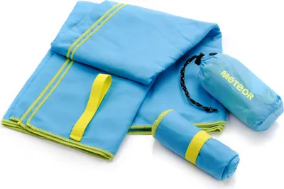 A folded blue microfiber towel with yellow and green trim, along with its storage bag and a rolled-up section.