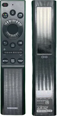 A product shot of a Samsung TV remote control, shown from the front and back.