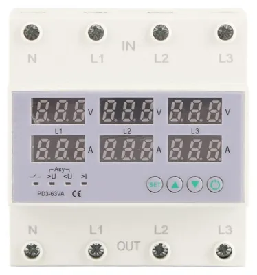 Productafbeelding van 3-fase DIN-rail multitester met voltmeter en ampèremeter, automatische overspannings- en overstroombeveiliging