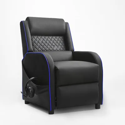 A black gaming chair with blue trim is shown against a white background.