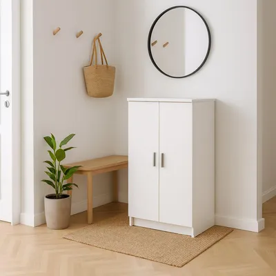Produktbild von Multifunktions-Kleiderschrank mit zwei Türen mit sechs Einlegeböden, Farbe Weiß, Maße 55 x 108 x 36 cm