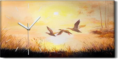 Produktbild von Dekor Leinwand Uhr Wandbilder 60x30 Malerei Kraniche bei Sonnenuntergang - weiße Hände