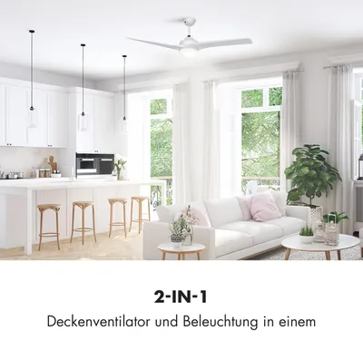 Produktbild von Klarstein Figo Deckenventilator - 2-in-1: Ventilator & Deckenlampe (2 x 55 W), Durchmesser: 52" (132 cm ), 3 Flügel, Luftdurchsatz: 9.018 m³/h, 2 Laufrichtungen, 3 Geschwindigkeitsstufen, weiß