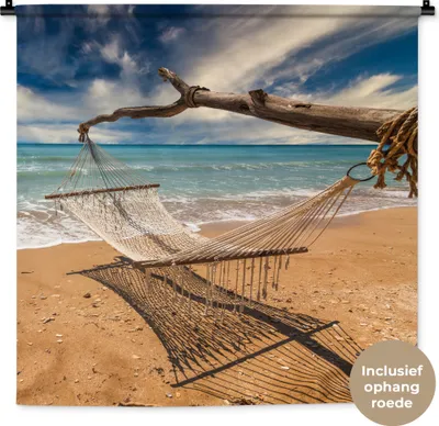 Produktbild von MuchoWow® Wandteppich Wandbehang Strand - Meer - Hängematte 90x90 cm Tapisserie Dekoration Wandtuch - Wandaufhänger