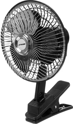 A black and silver clip-on fan with a black base and clip.