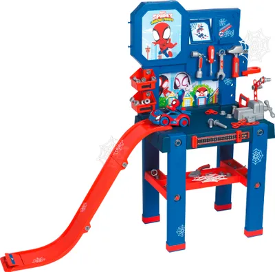 Produktbild von Smoby Spidey Werkbank 110x34x110 - mit Sprungschanze, über 90 Zubehörteilen und 6 Werkzeugen