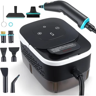 A steam cleaner with multiple attachments is displayed against a white background.
