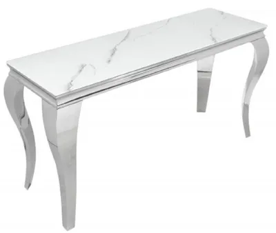 Image de Casa Padrino Console Designer Blanc / Gris / Argent 145 x 50 x H. 75 cm - Table console rectangulaire en acier inoxydable avec verre de sécurité imprimé numériquement en aspect marbre - Meubles baroques modernes